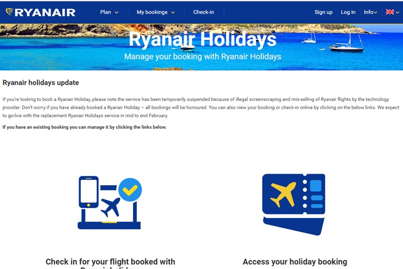 UPDATED: Ryanair suspends Holidays service claiming illegal screenscraping by tech partner